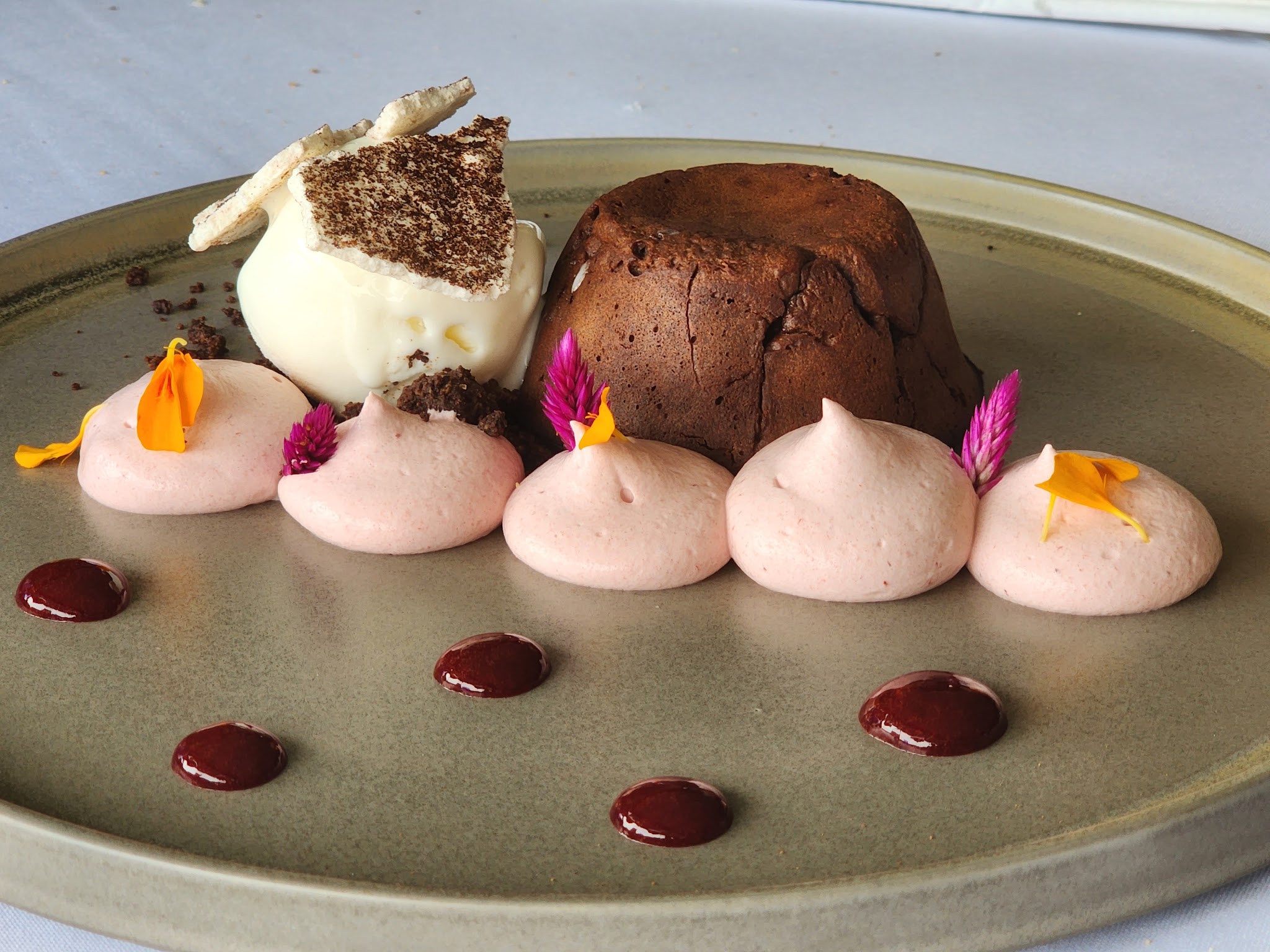 Chocolate lava cake and tiramisu dessert plate at La Vespa Vista Mare