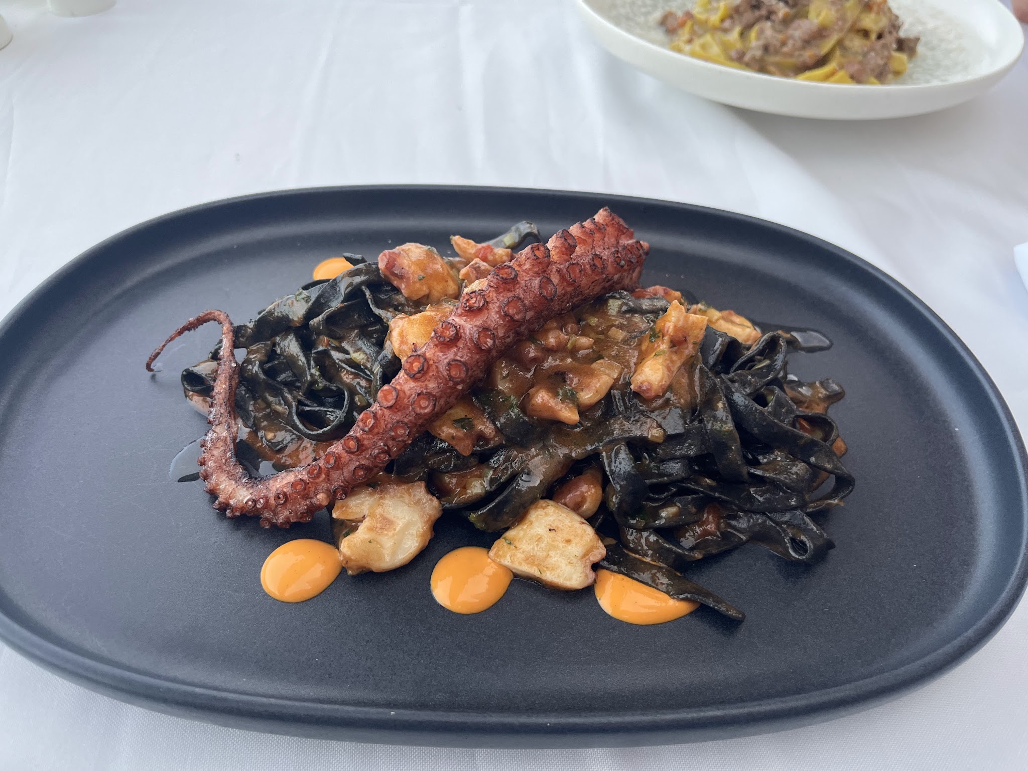 Squid ink tagliatelle with grilled octopus at La Vespa Vista Mare, Panama City